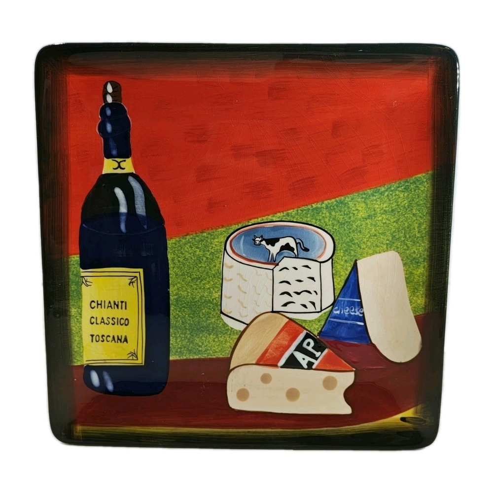 ND Exclusive Hand‎ Painted Wine and Cheese Ceramic Square Plate Chianti Classico